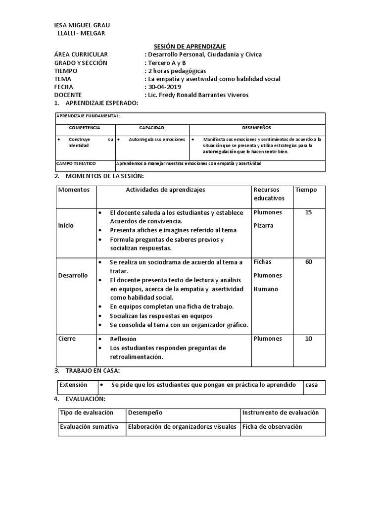 Sesión de Aprendizaje 3 DPCC 2019 | PDF | Evaluación | Maestros