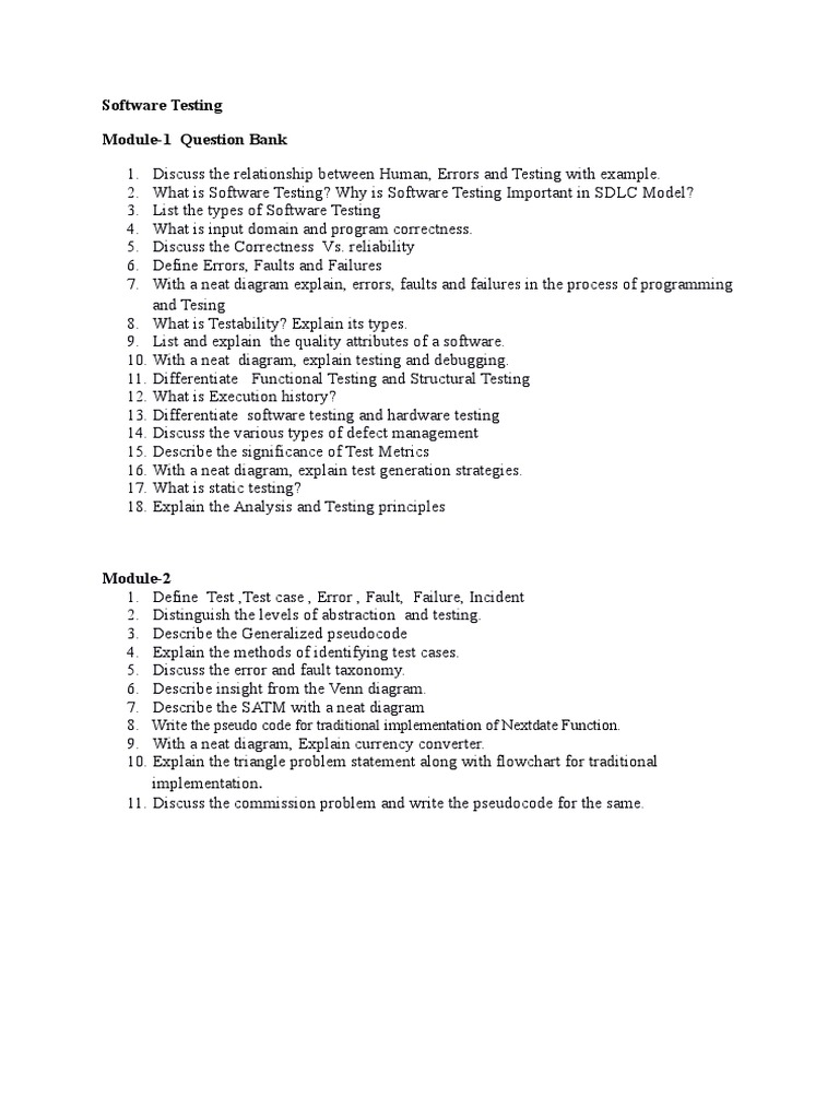 Software Testing Module-1 Question Bank | PDF