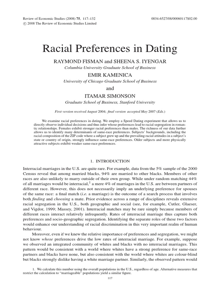 Raymond Fisman Et Al - Racial Preferences in Dating (2008, Paper) | PDF ...