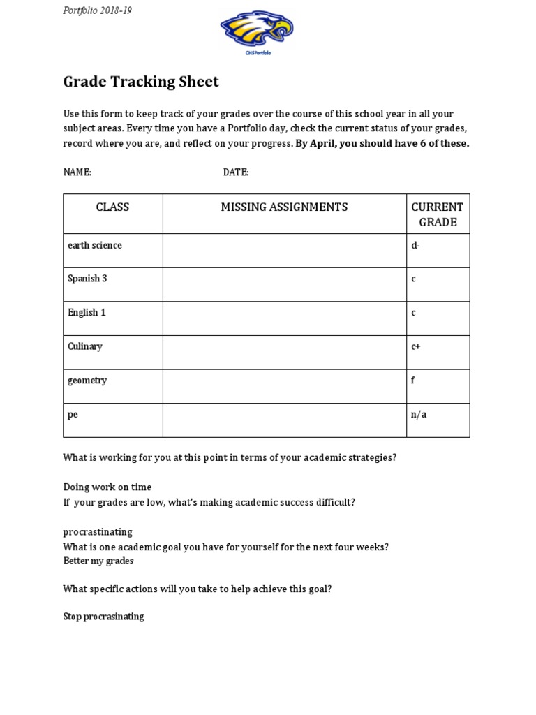 Grade Tracking Sheet: Class Missing Assignments Current Grade | PDF ...
