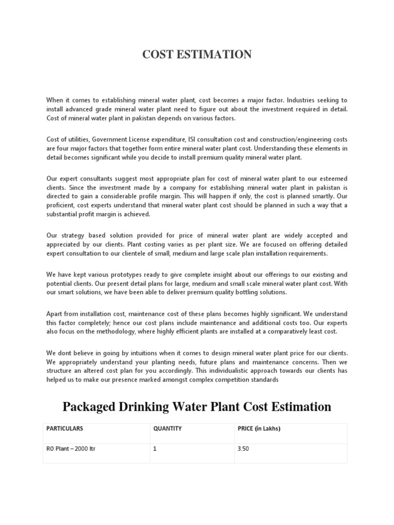 Packaged Drinking Water Plant Cost Estimation PDF Membrane Water