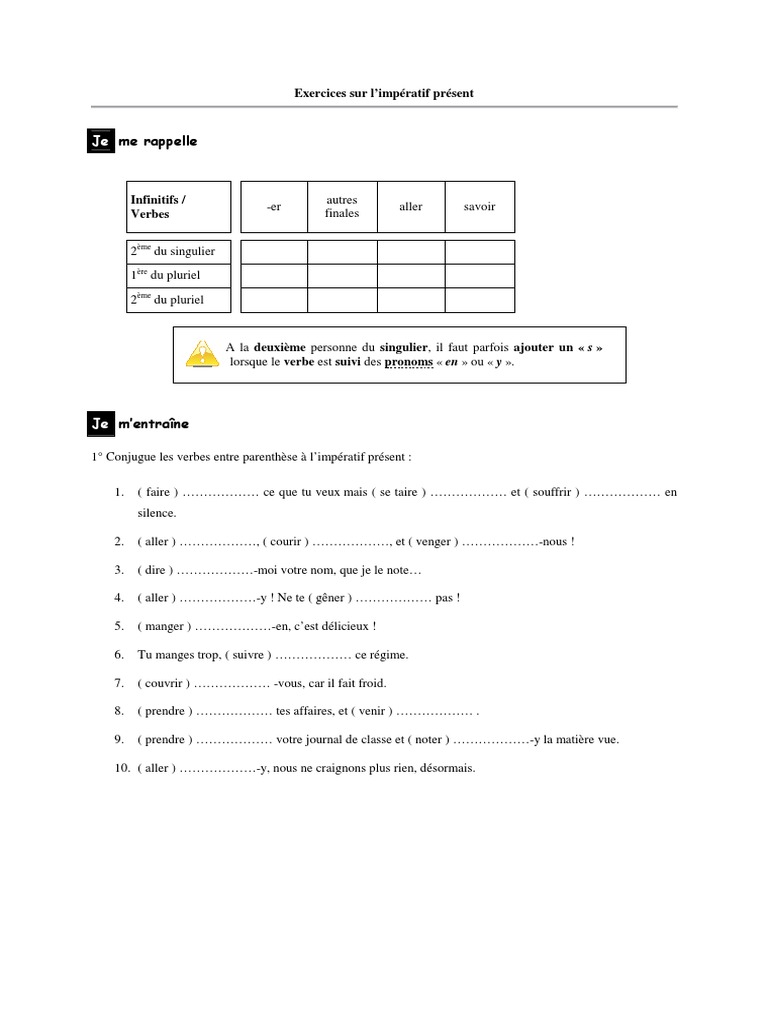 Exercice Sur L impératif Présent 6ème 30 09 10exercices Imperatif Present 2 PDF | PDF | Nombre grammatical | Verbe