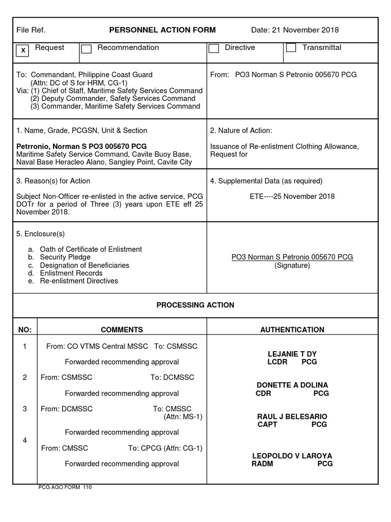 File Ref. Personnel Action Form Date 21 November 2018 Request Directive