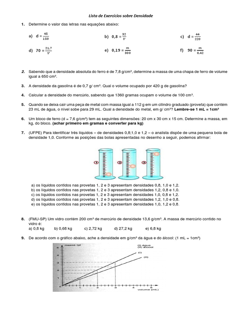 Lista de Exercícios Sobre Densidade | PDF