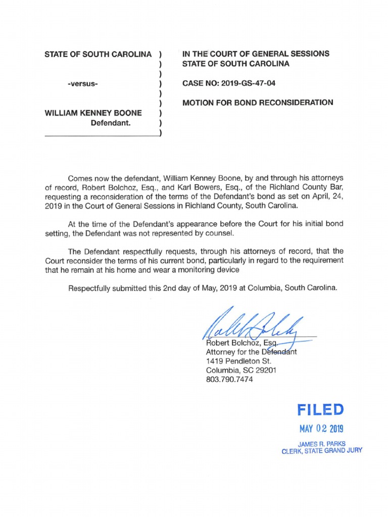 Kenney Boone Motion For Bond Reconsideration PDF
