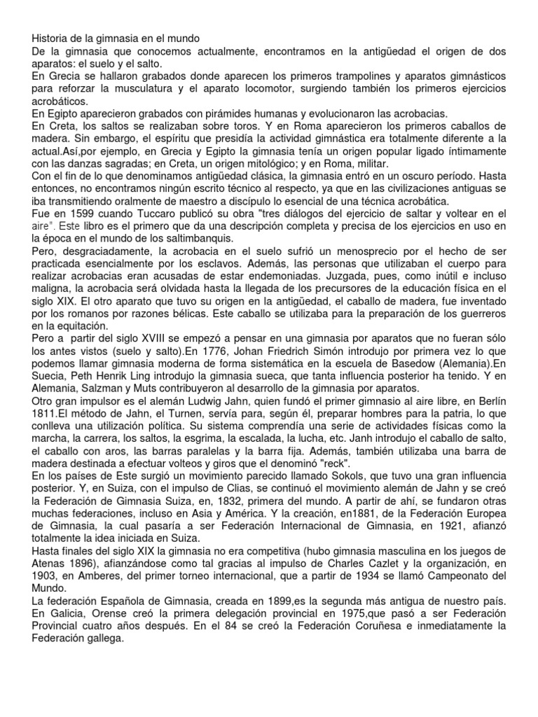 Origen e Historia de la Gimnasia | PDF | Gimnasia | Deportes de interior