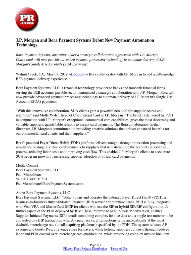 J.P. and Bora Payment Systems Debut New Payment Automation