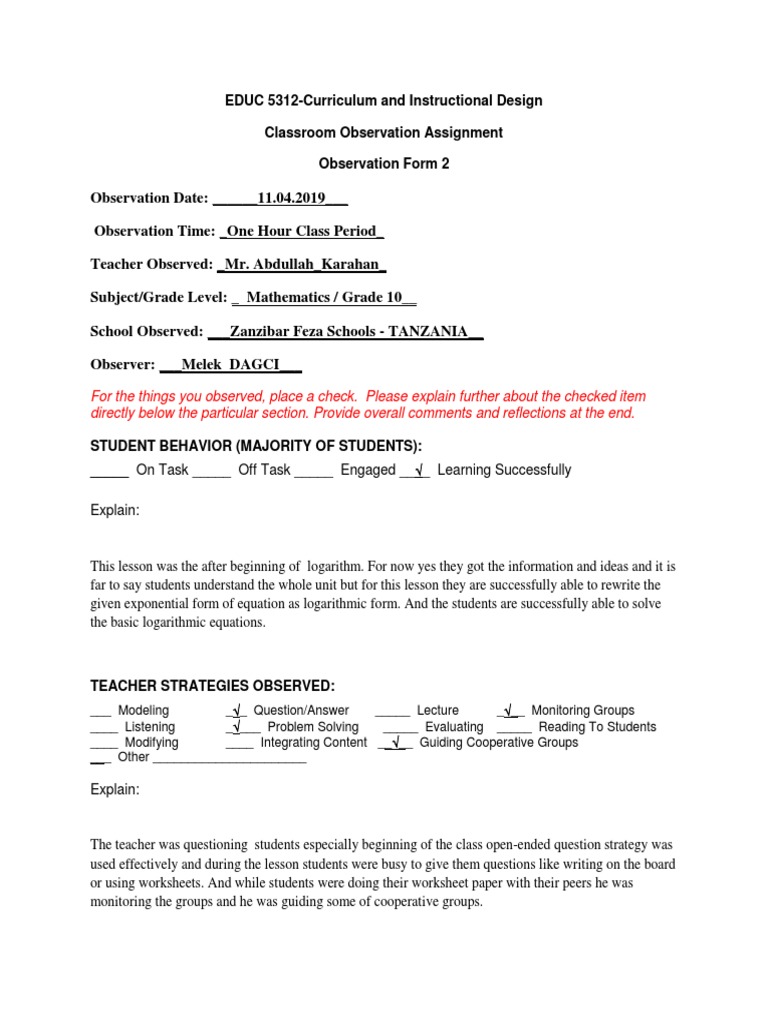 Classroom Observation: Grade 10 Math Lesson | PDF | Classroom | Teachers