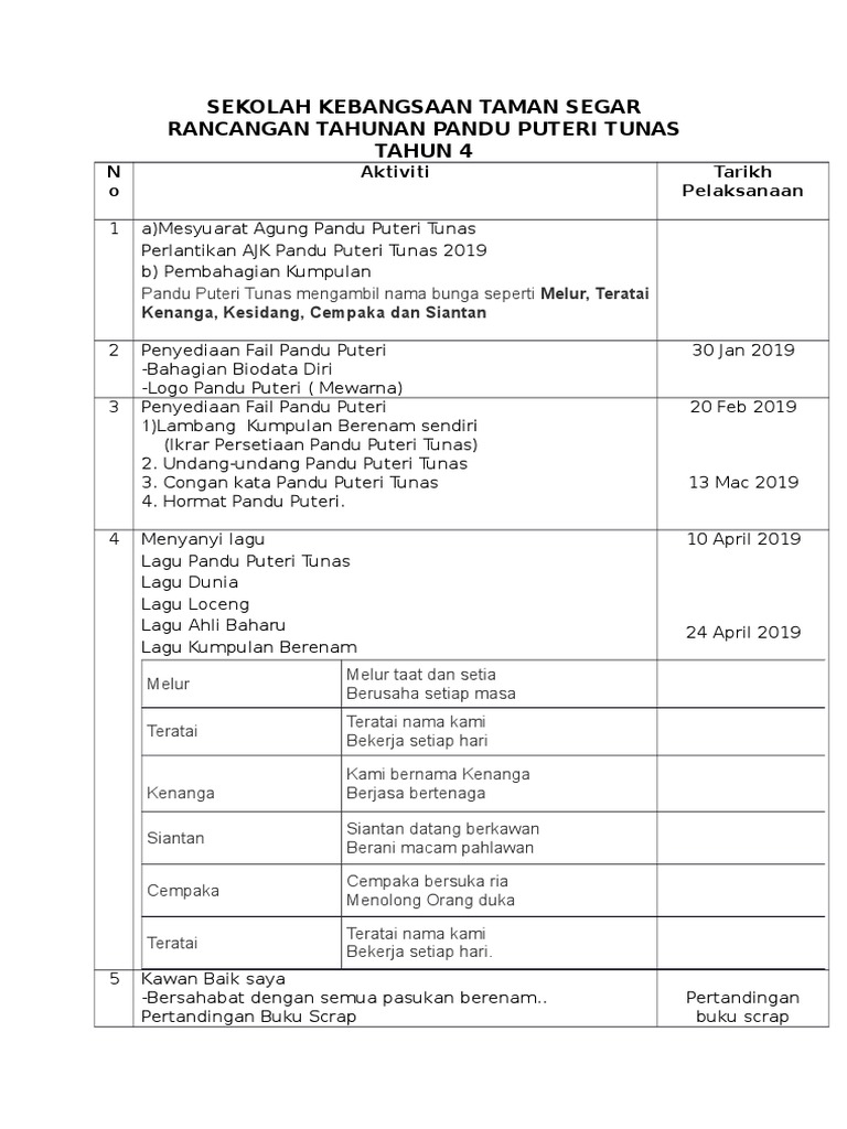 Rancangan Tahunan Pandu Puteri Tunas Tahun 4 Pdf