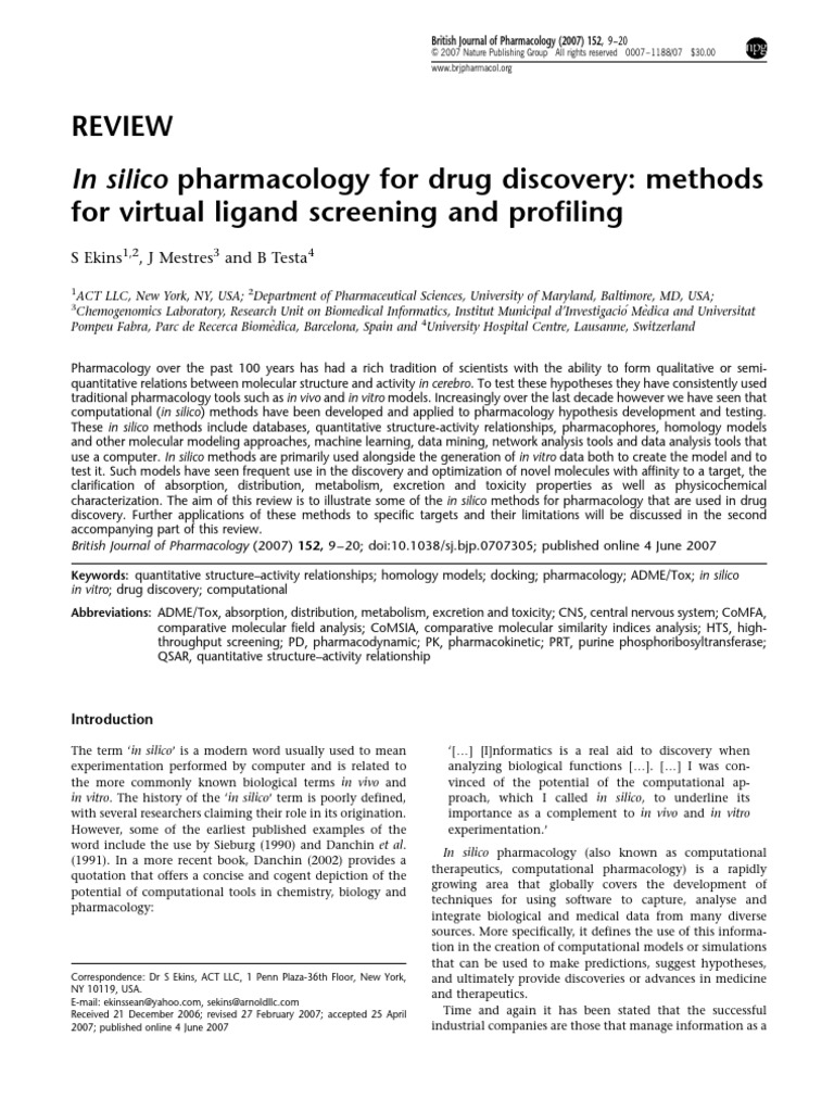 In Silico Pharmacology For Drug Discovery: Methods For Virtual Ligand ...