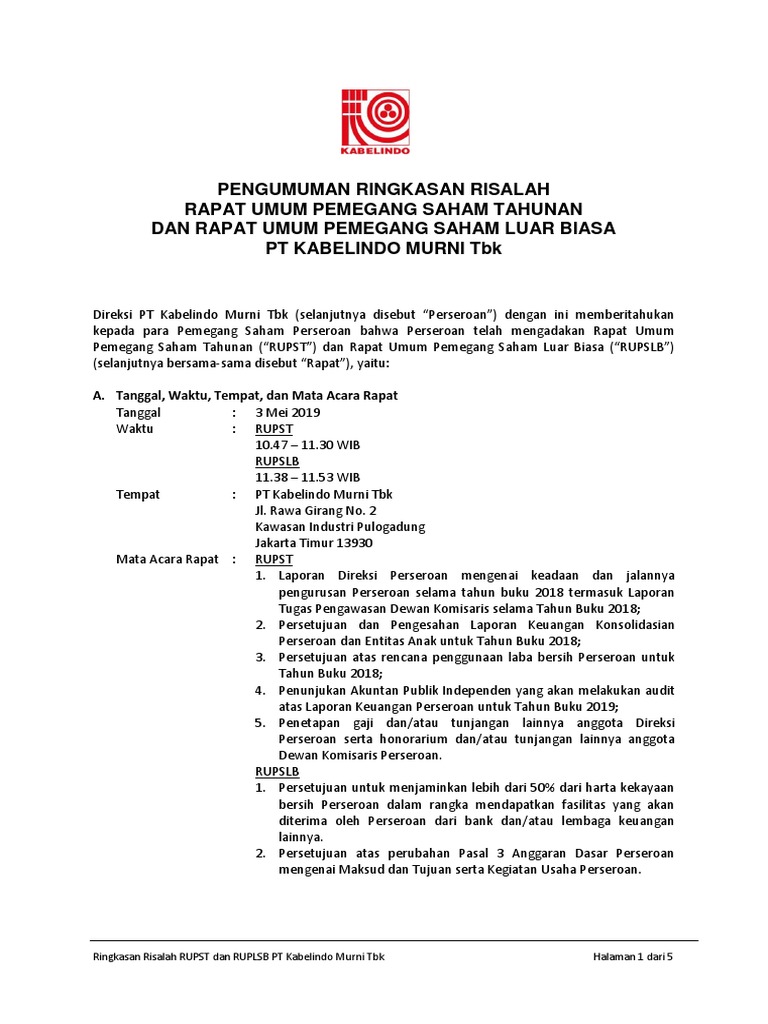 Pengumuman Hasil RUPS Ind 2019 | PDF