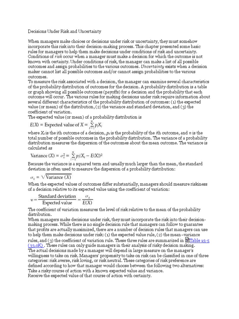 Decision Making Under Risk and Uncertainty | PDF | Risk | Statistical ...