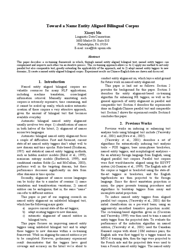 Toward A Name Entity Aligned Bilingual Corpus | PDF | Parsing ...
