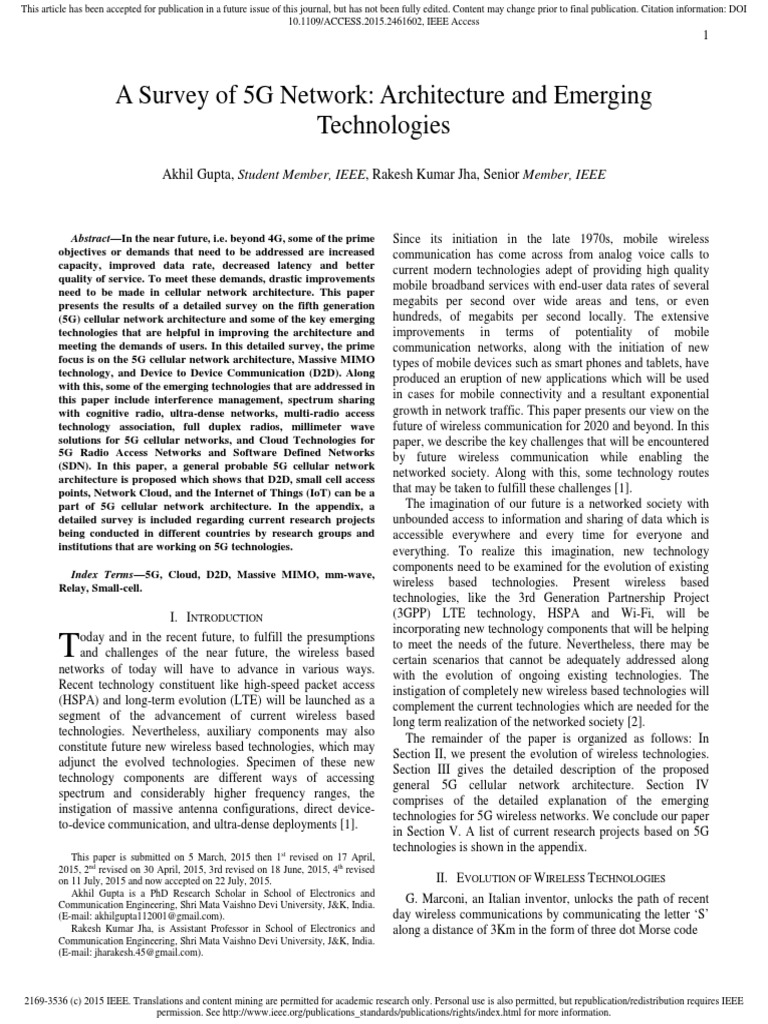 Survey of 5G Network Architecture | PDF | High Speed Packet Access | 4 G