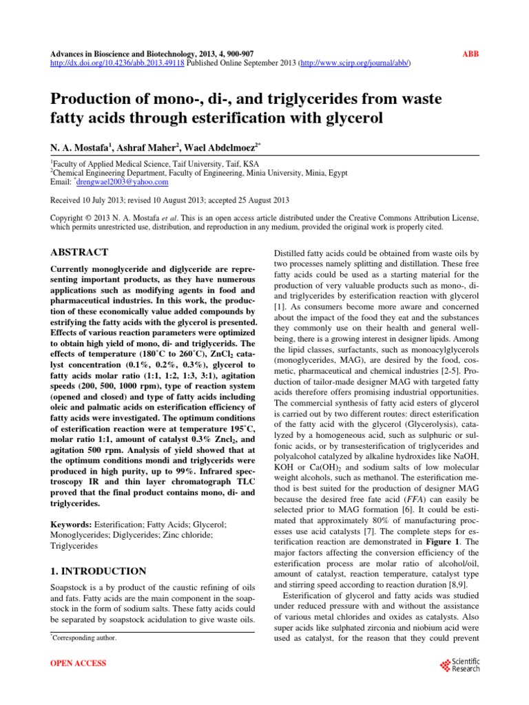 Production of Mono-, Di-, and Triglycerides From Waste Fatty Acids ...
