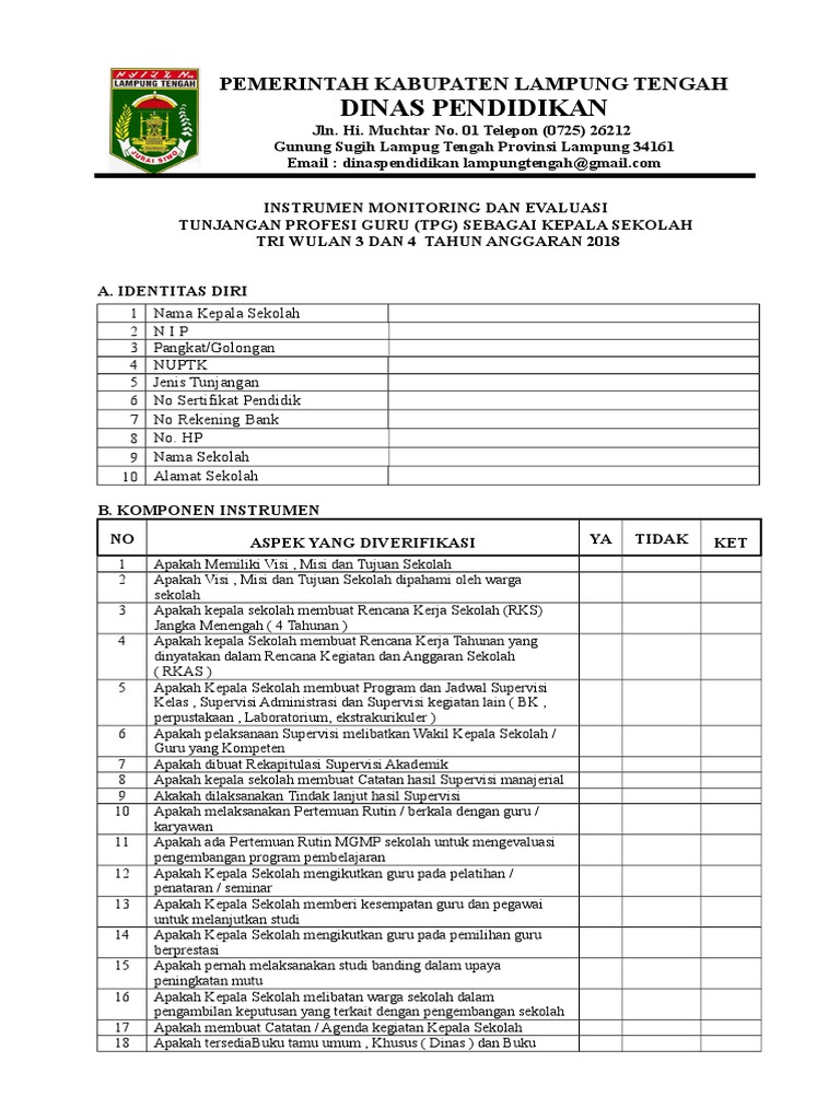 Instrumen Monev TPG Kepala Sekolah | PDF | Karier & Perkembangan