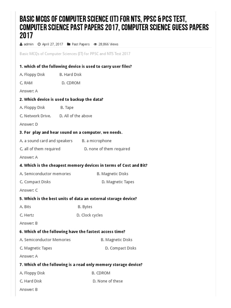 Basic mcqs of computer science it for nts ppsc pcs test computer