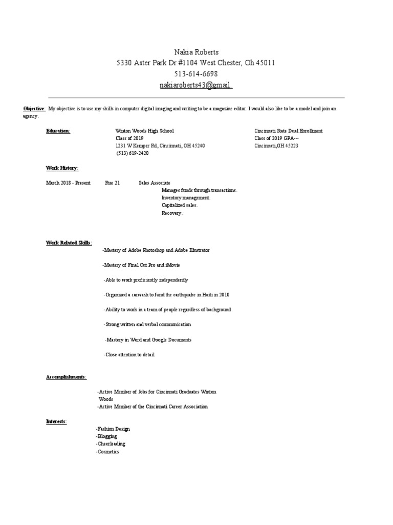 Nakia Roberts 5330 Aster Park DR 1104 West Chester, Oh 45011 513614