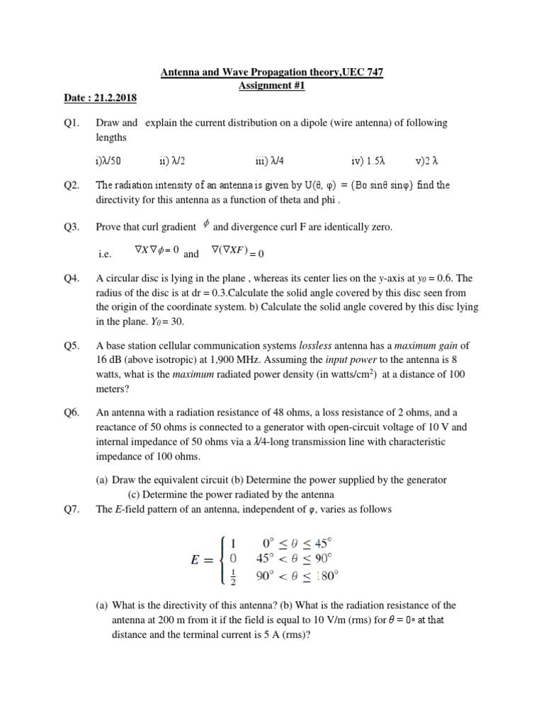 Antenna and Wave Propagation Assignment 1 PDF Antenna (Radio)