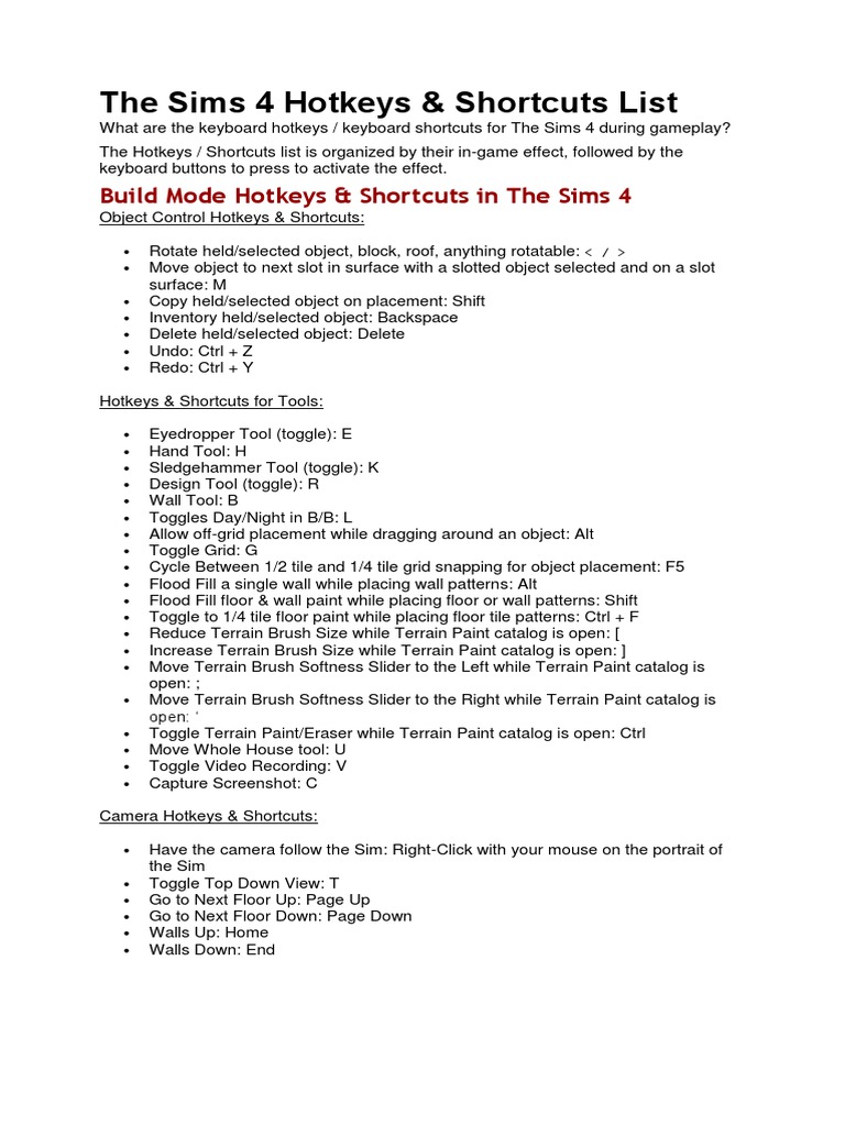Sims Cheats 2 PDF Keyboard Shortcut Control Key
