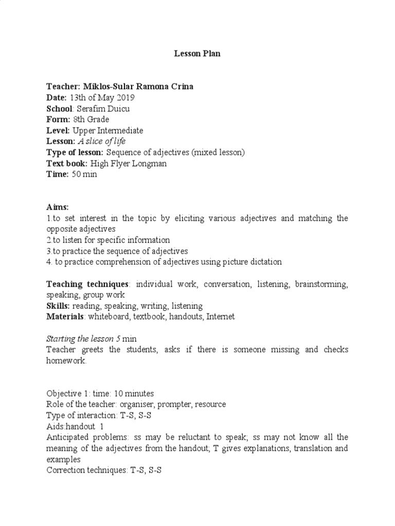 8th Grade Adjective Lesson Plan | PDF | Lesson Plan | Reading Comprehension