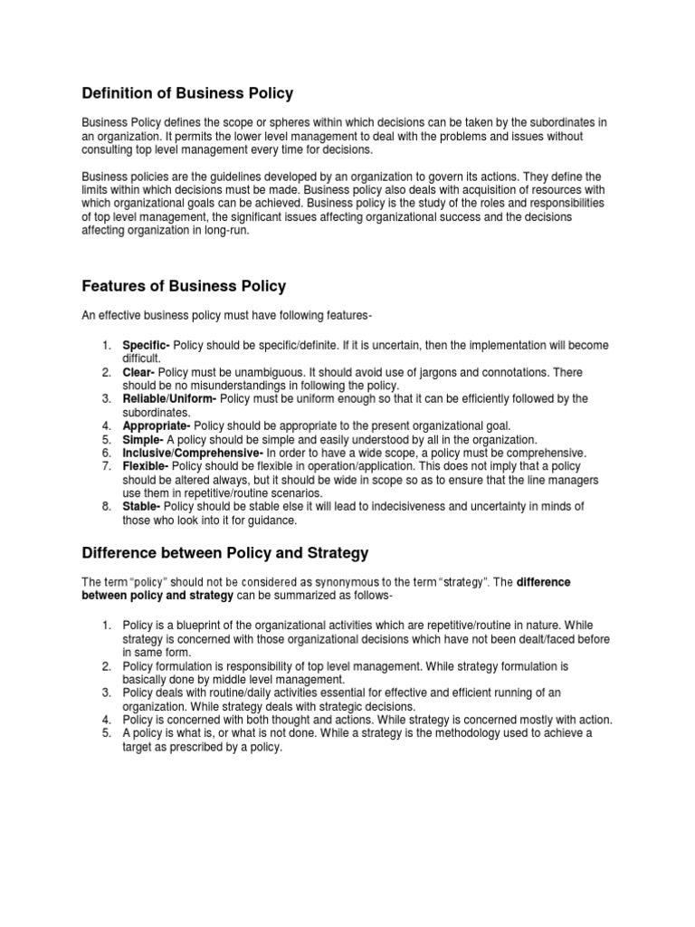 Definition of Business Policy: Between Policy and Strategy Can Be