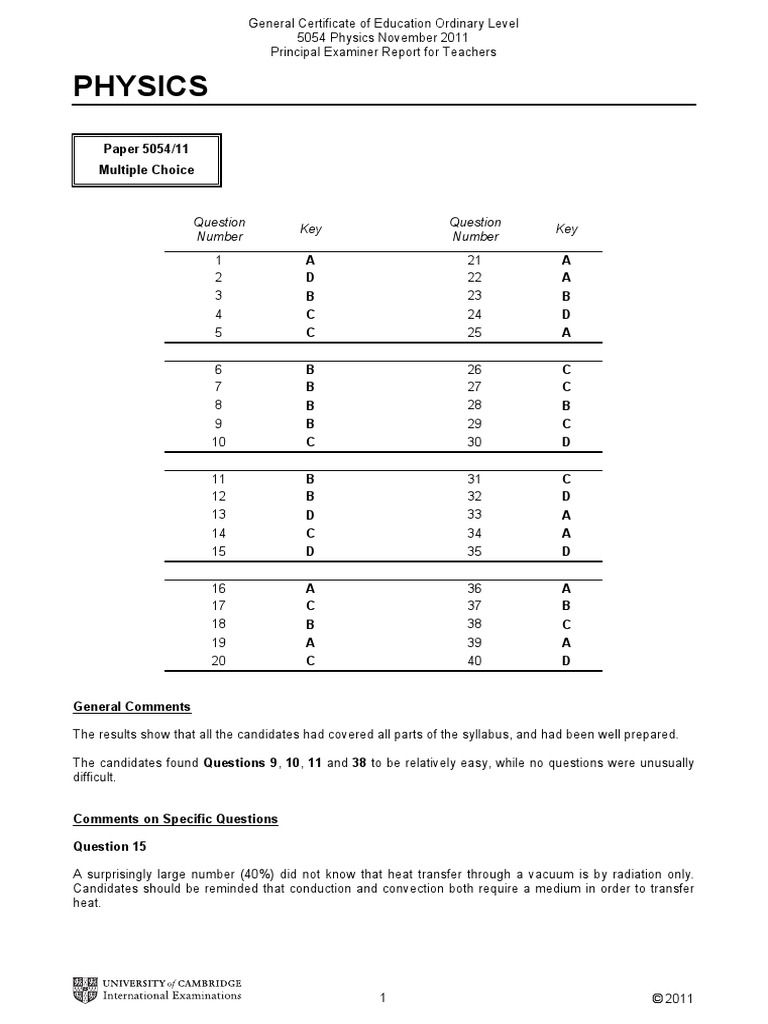 Physics: Paper 5054/11 Multiple Choice | PDF | Gases | Force