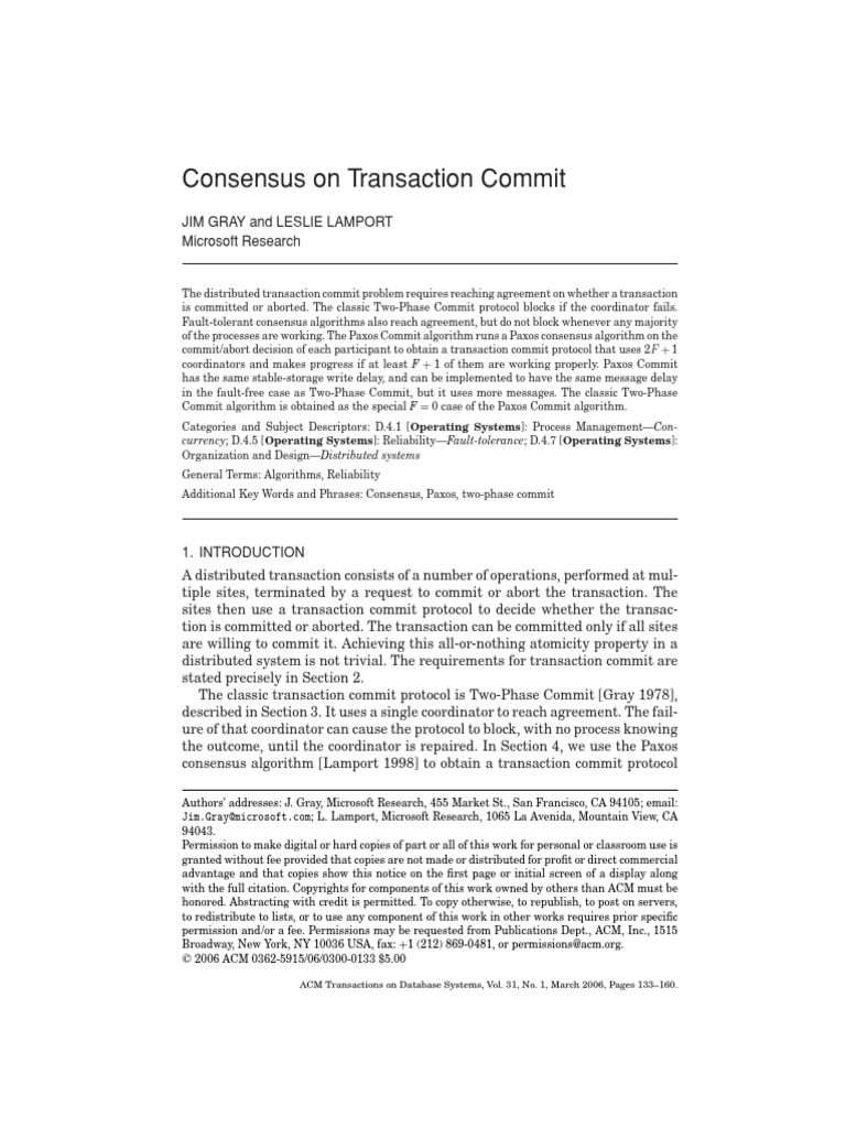 Consensus On Transaction Commit | PDF | Distributed Computing ...