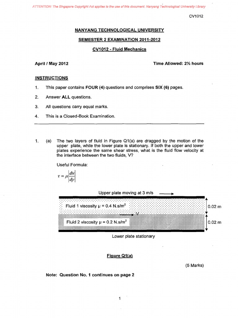 NUS Past Year Paper | PDF | Fluid Mechanics | Shear Stress