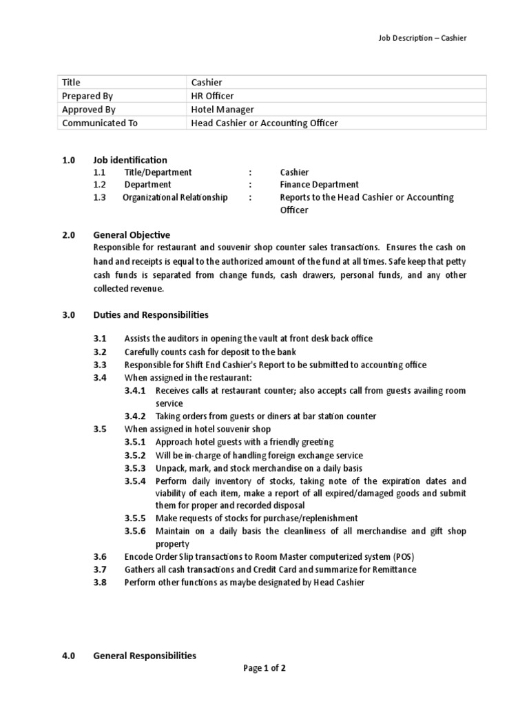Job Description Cashier Cashier Financial Transaction