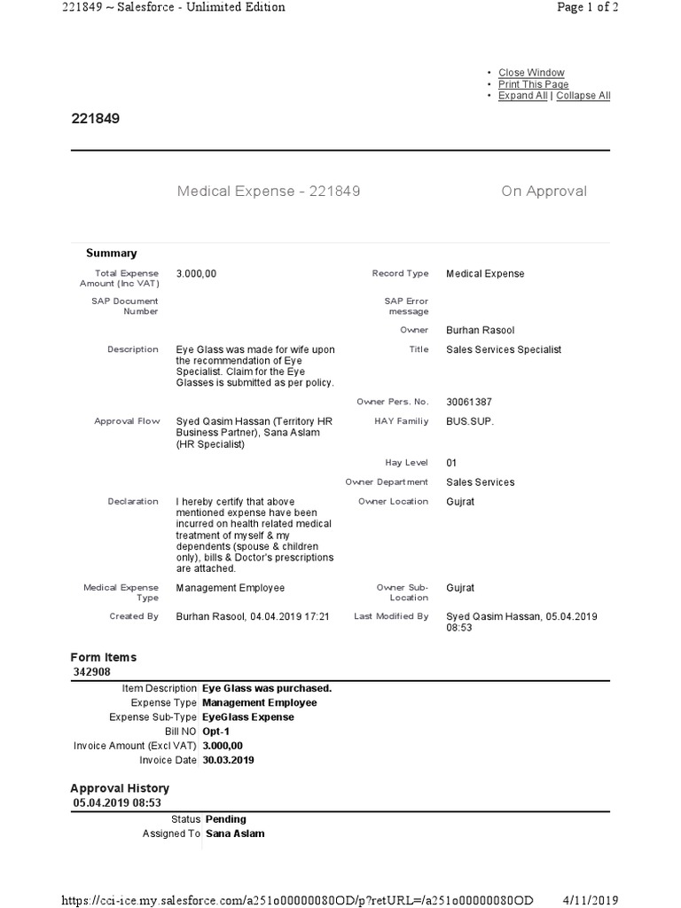 Optical Expense. Approval PDF Invoice Health Care