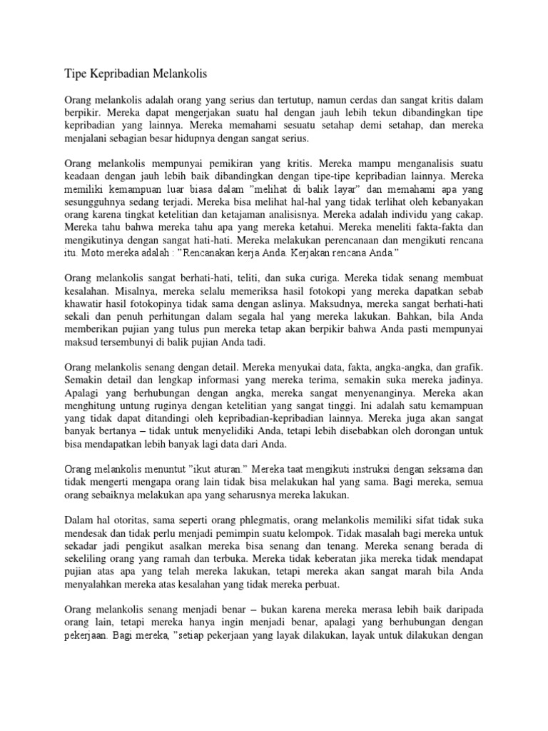 Tipe Kepribadian Melankolis | PDF