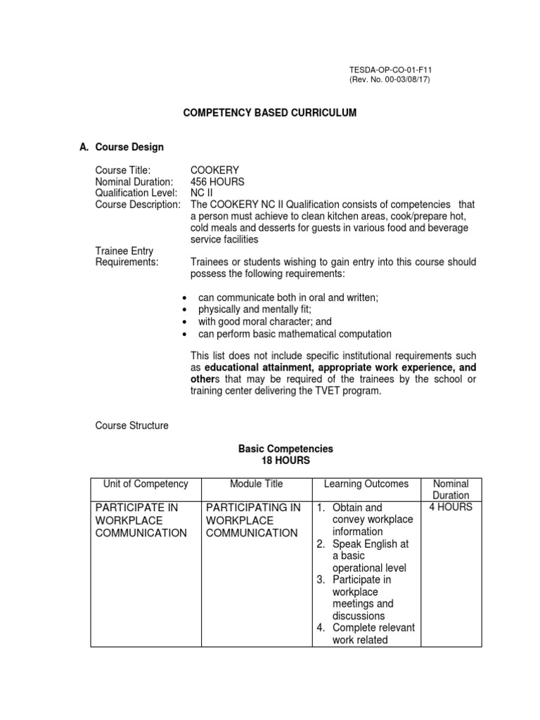 TESDA Cookery Competency-Based Curriculum | PDF | Simulation ...