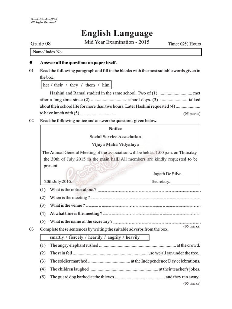 English Language: Grade 08 Mid Year Examination - 2015 | PDF | Recycling