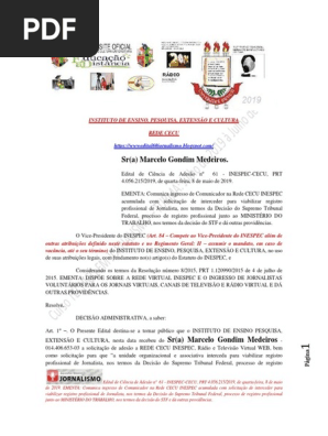 INSTITUTO de ENSINO Edital de Ciência de Adesão Nº 61 - InESPEC-CECU, PRT 4.056.215.2019, De Quarta-feira, 8 de Maio de 2019