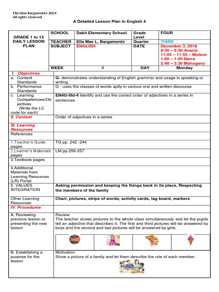 A Detailed Lesson Plan In English 4 For Cot Lesson Plan Adjective