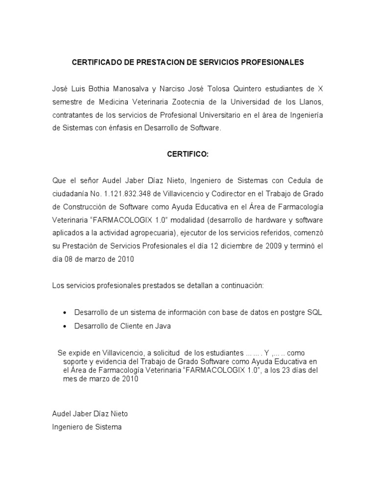 Modelo de contrato de prestación de servicios