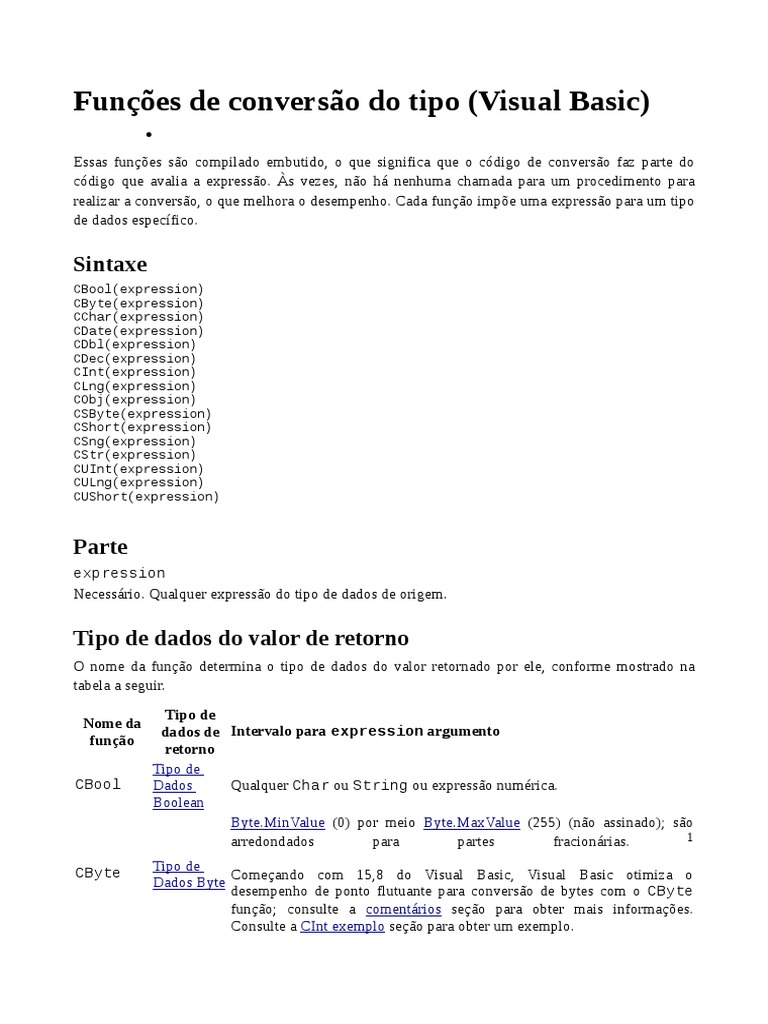 Funções de Conversão em Visual Basic | PDF | Tipo de dados | Basic