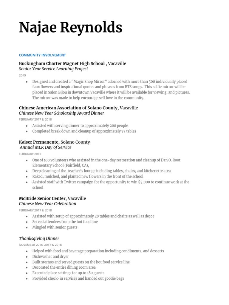 Najae Reynolds: Buckingham Charter Magnet High School, Vacaville | PDF |  Foods | Leisure