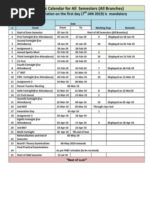Academic Calendar For All Semesters All Branches Registration On The First Day 7 Jan 2019 Is Mandatory Academic Term University And College Admission scribd
