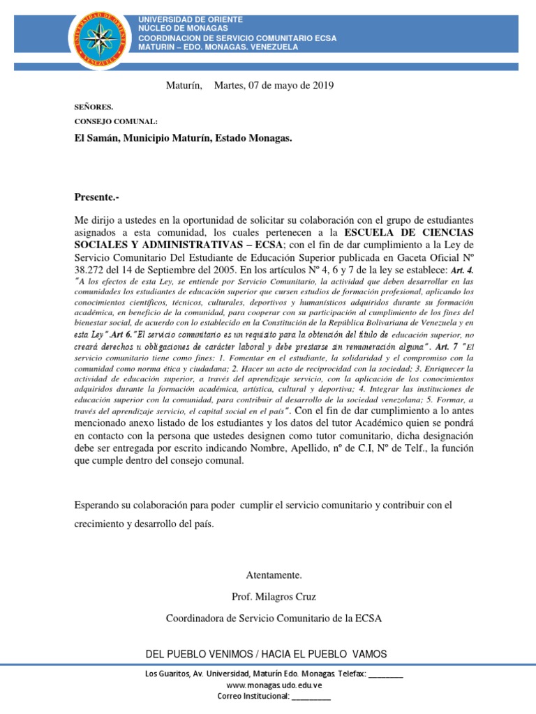 Modelo de Oficios Solicitud de Comunidad Para Las 120 Horas | Venezuela
