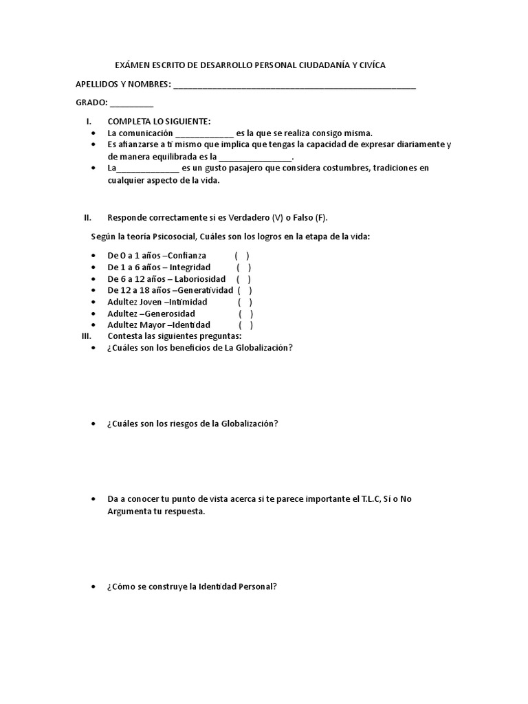 Exámen Escrito de Desarrollo Personal Ciudadanía y Civíca | PDF ...