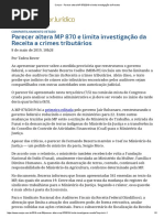 ConJur - Parecer Altera MP 870_2019 e Limita Investigação Da Receita