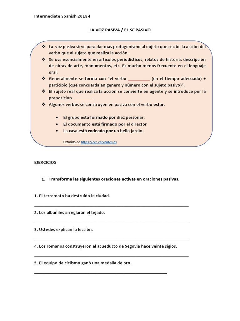 Ejercicios de voz pasiva y activa en español | PDF | Asunto (gramática ...