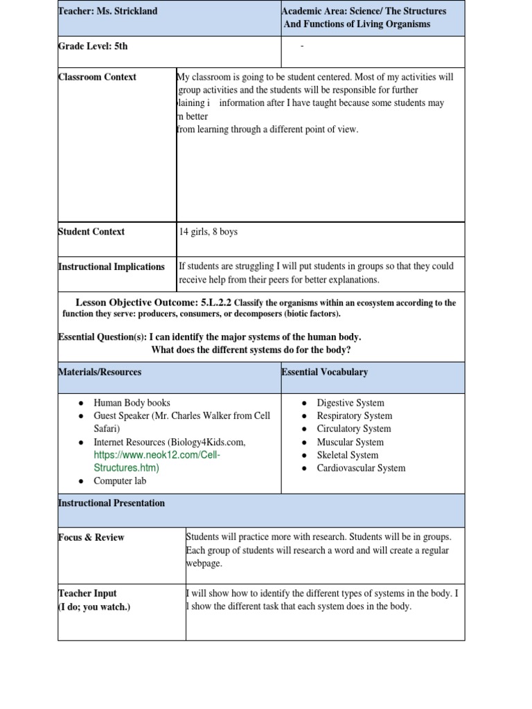 k-6 Lesson Plan | PDF | Human Body | Educational Assessment