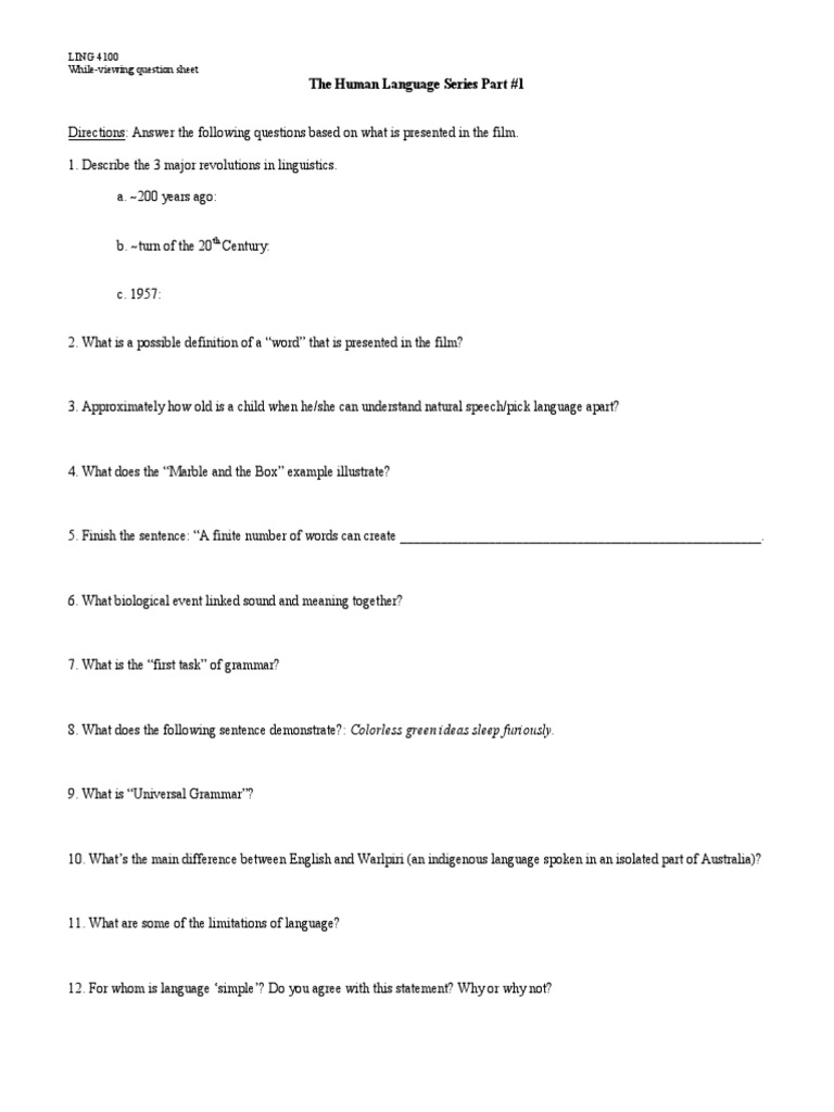 The Human Language Series Part #1: LING 4100 While-Viewing Question ...