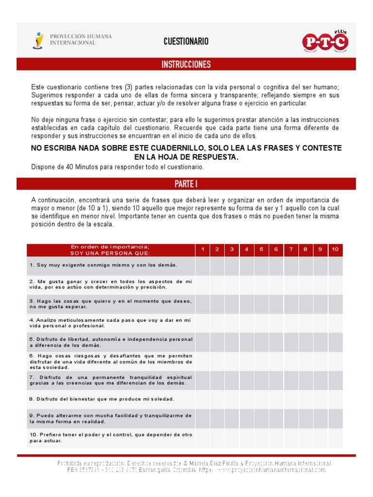Cuadernillo PTC Plus PDF | PDF | Cuestionario | Comportamiento