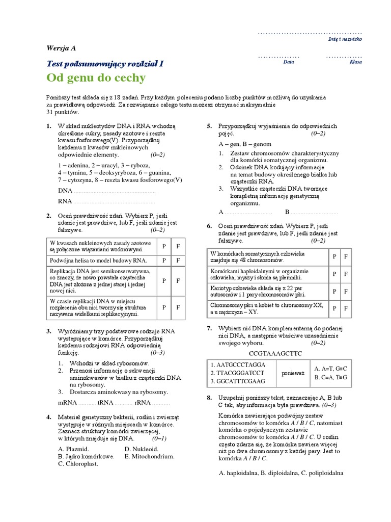 Sprawdzian Biologia 1 Liceum Od Genu Do Cechy