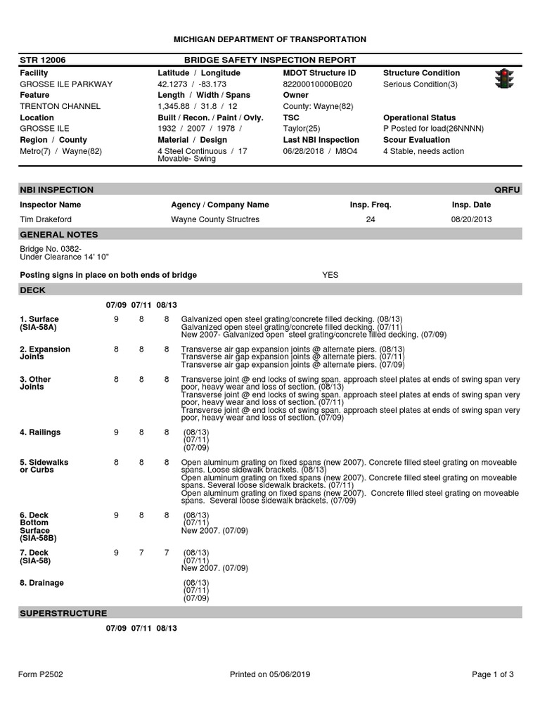 Grosse Ile Parkway Bridge Inspection Report | PDF | Transport ...