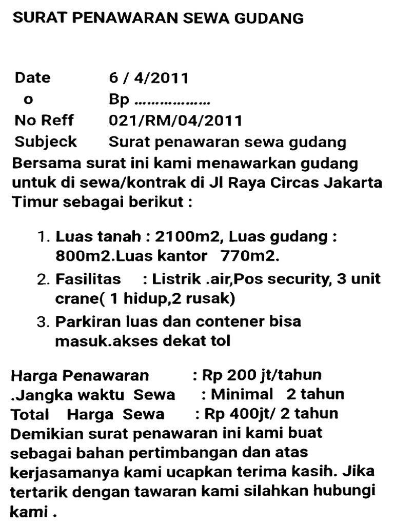 Contoh Surat Penawaran Harga Sewa Gudang